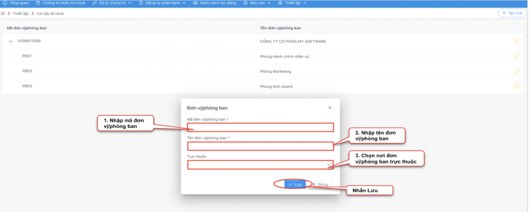 Màn hình thao tác tạo mới đơn vị/phòng ban