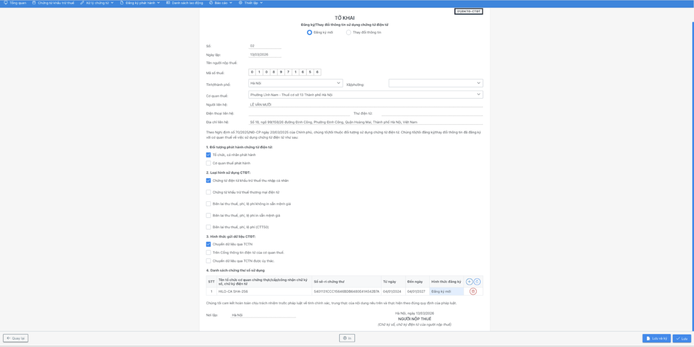 Màn hình tạo mới tờ khai đăng ký/thay đổi thông tin sử dụng chứng từ điện tử