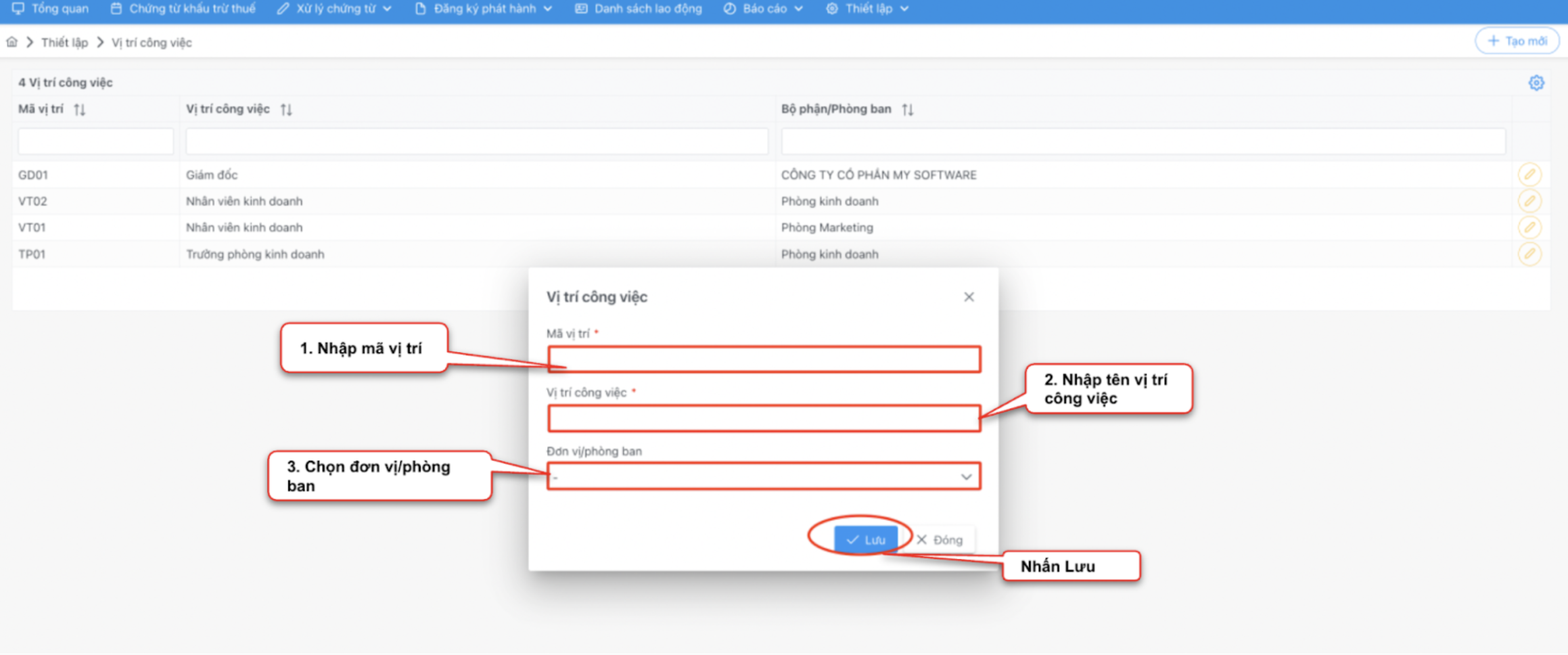 Màn hình thao tác tạo mới vị trí công việc
