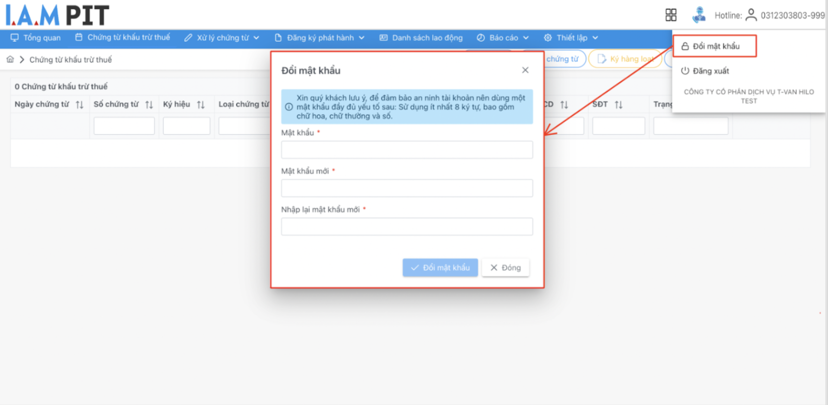 Màn hình hiển thị popup Đổi mật khẩu