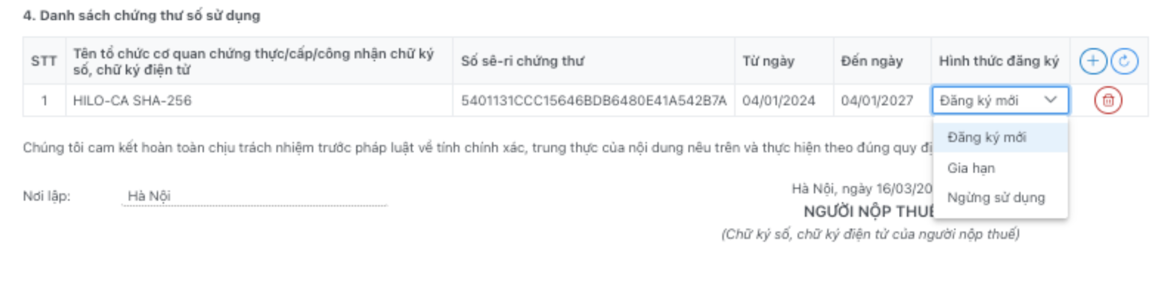 Màn hình thao tác chọn hình thức đăng ký cho chứng thư số