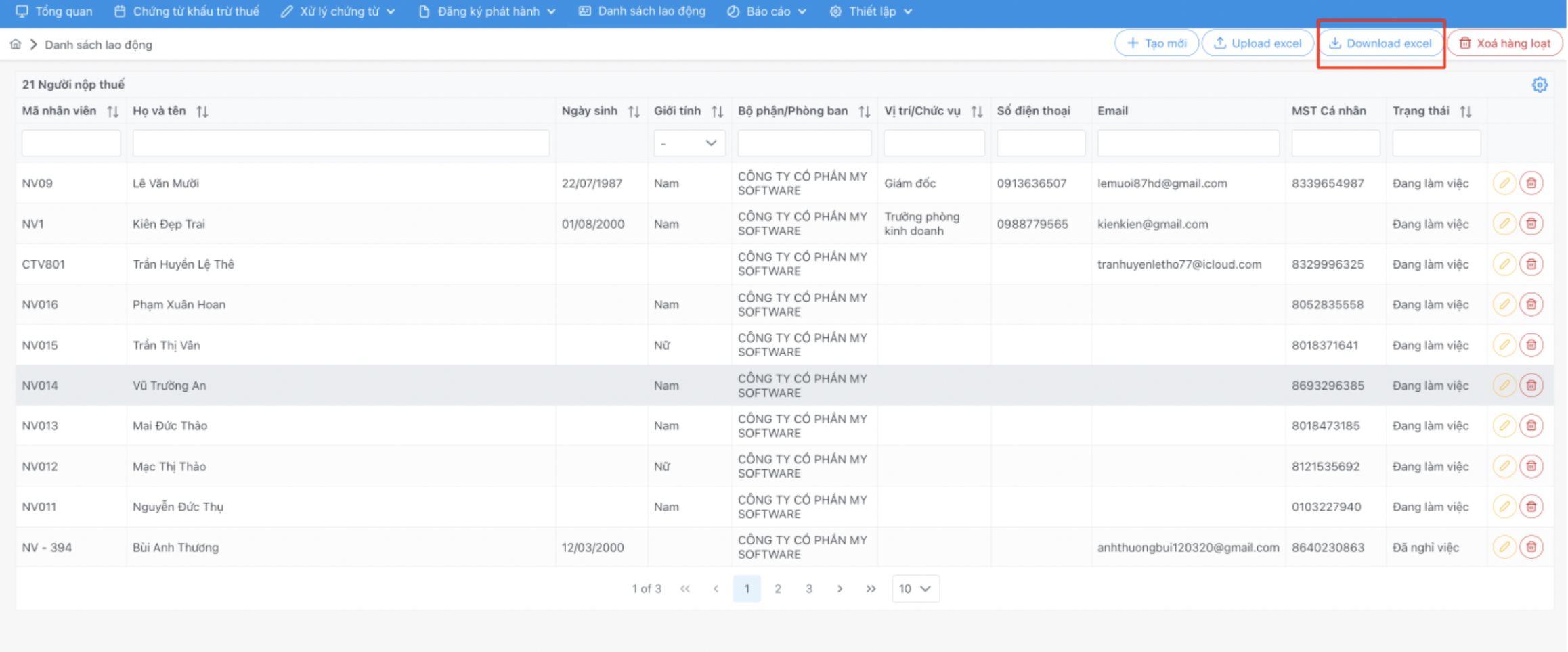 Màn hình thao tác download excel