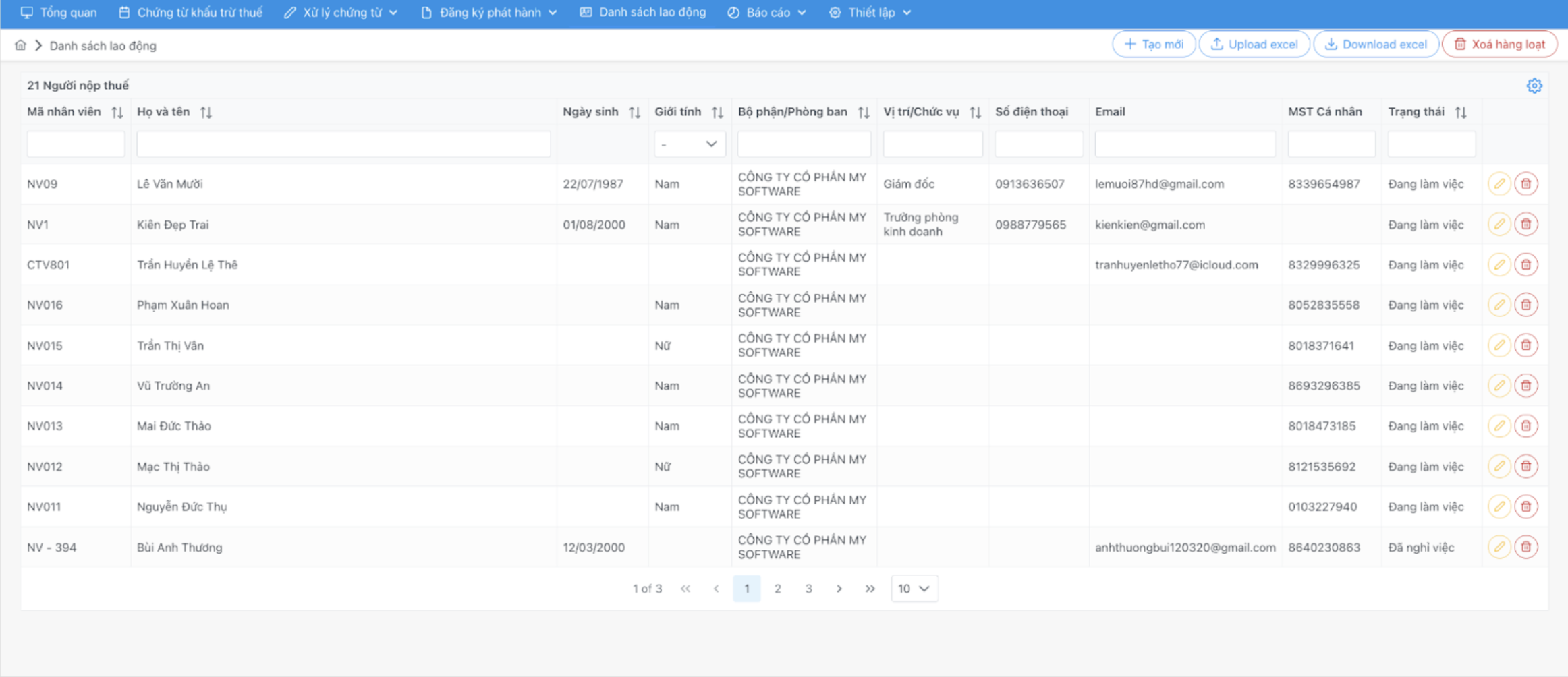 Màn hình danh sách lao động