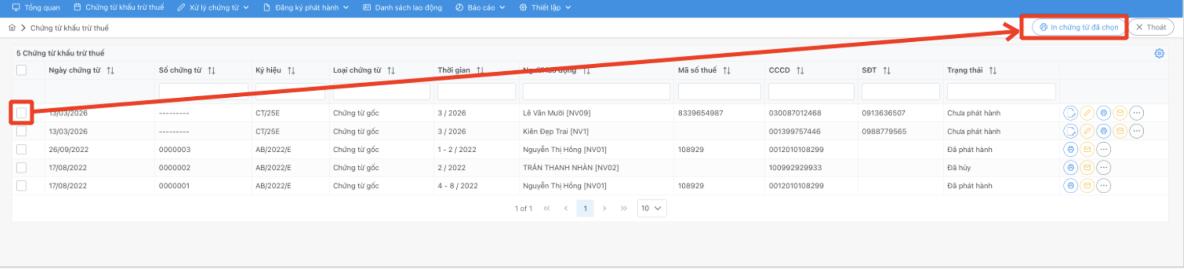 Màn hình in chứng từ