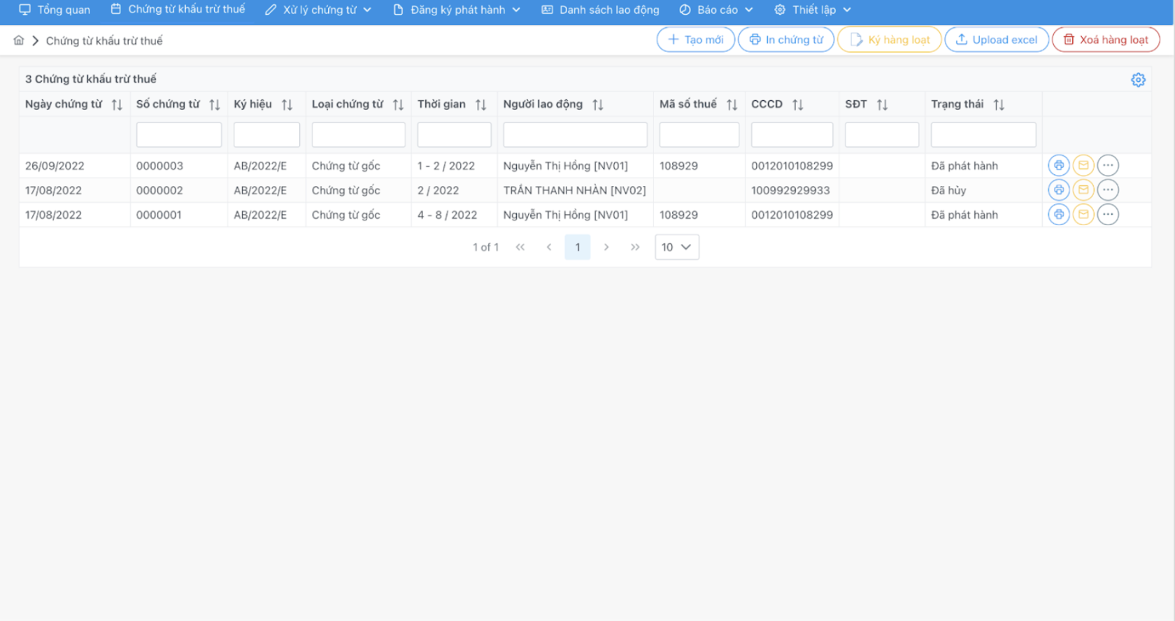 Màn hình chứng từ khấu trừ thuế