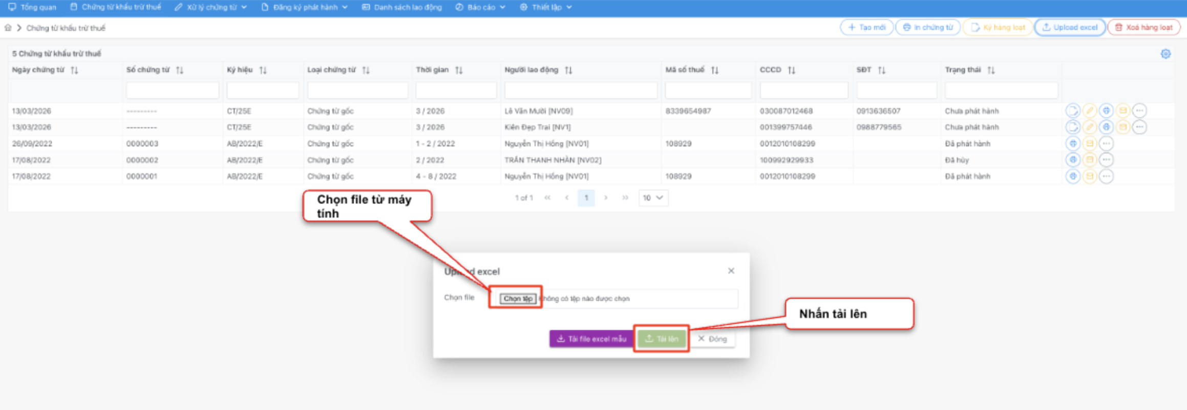 Màn hình thao tác upload excel