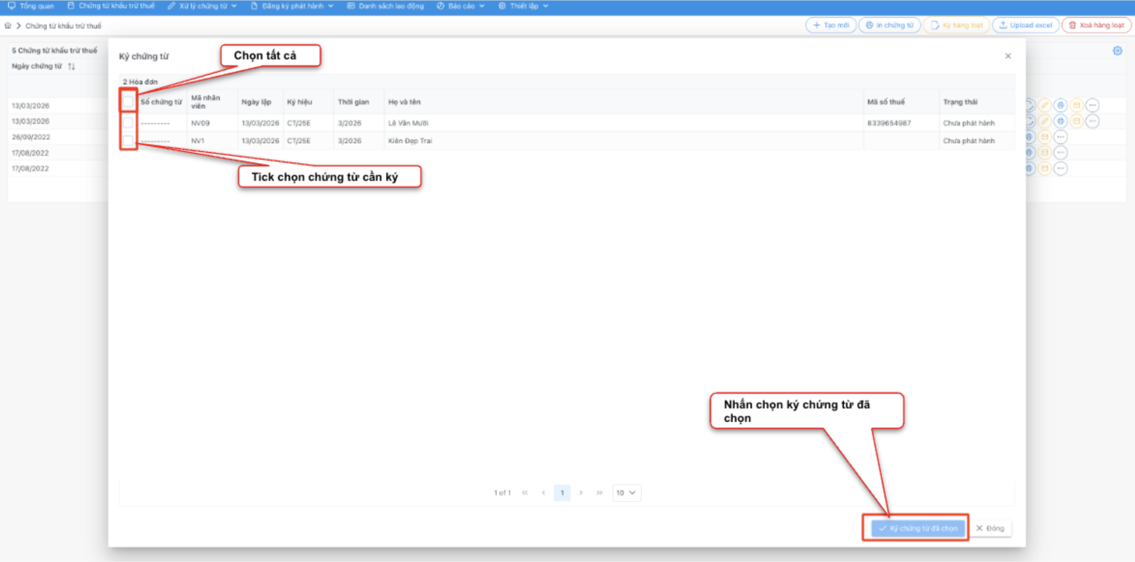 Màn hình thao tác ký chứng từ hàng loạt