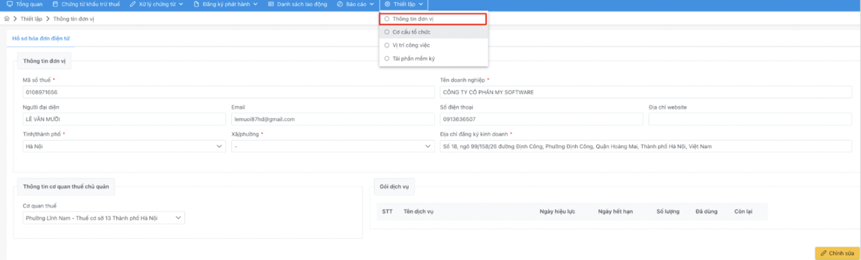 Màn hình thông tin đơn vị