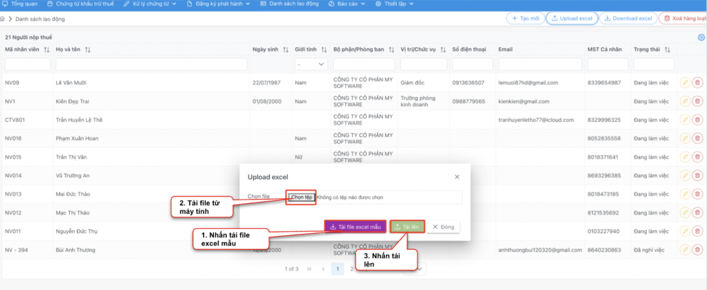 Màn hình thao tác upload file excel