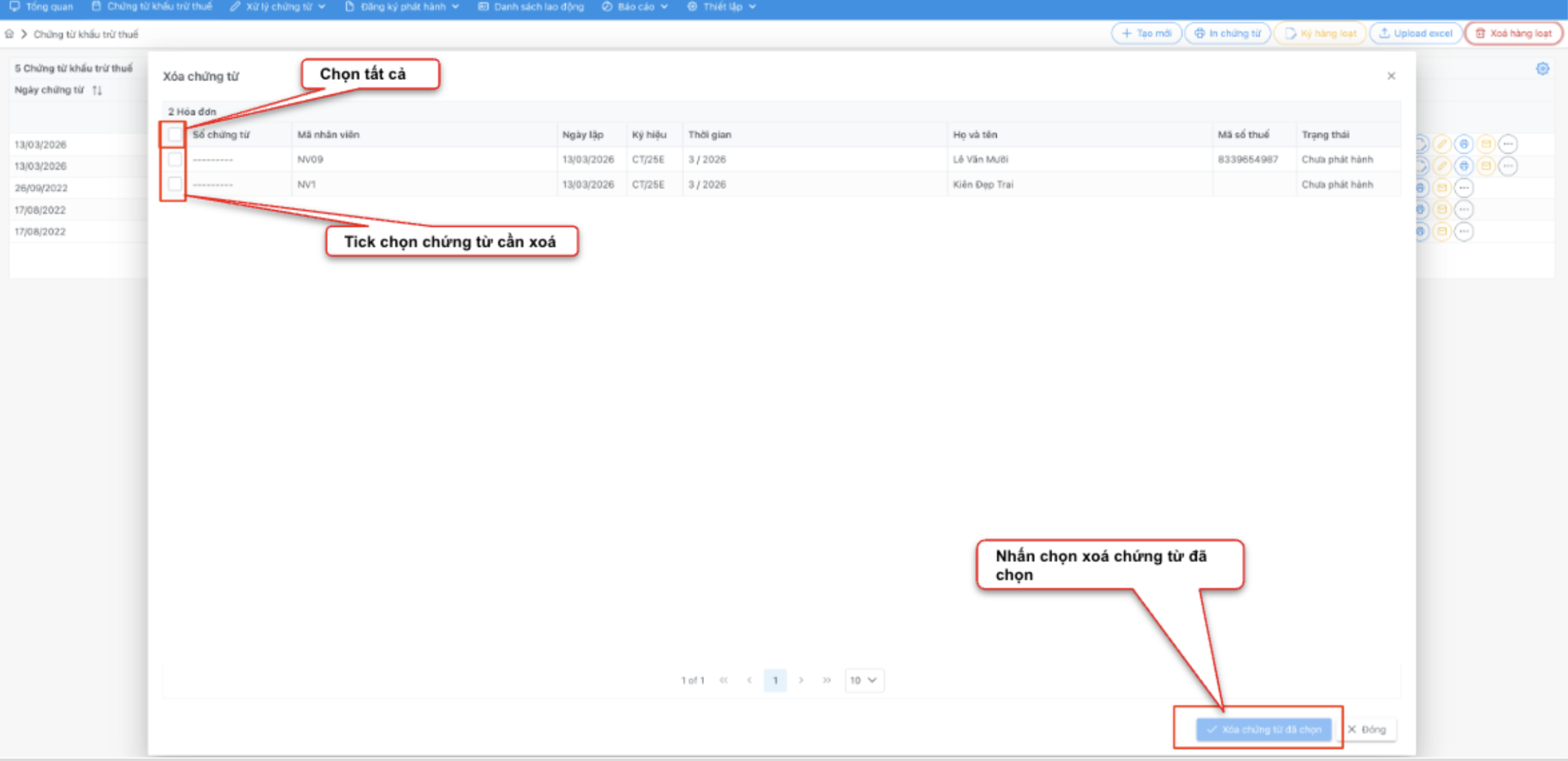 Màn hình thao tác xóa hàng loạt