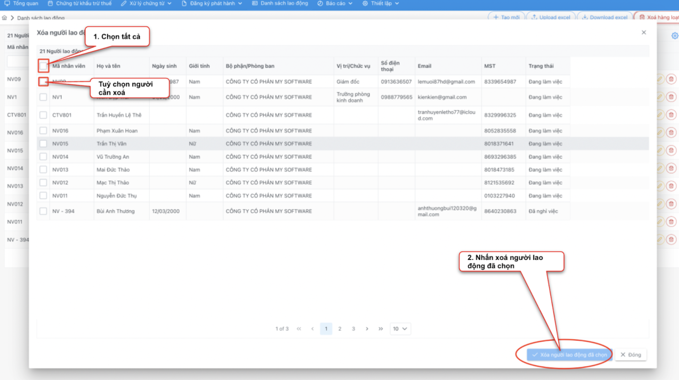 Màn hình thao tác xoá người lao động hàng loạt