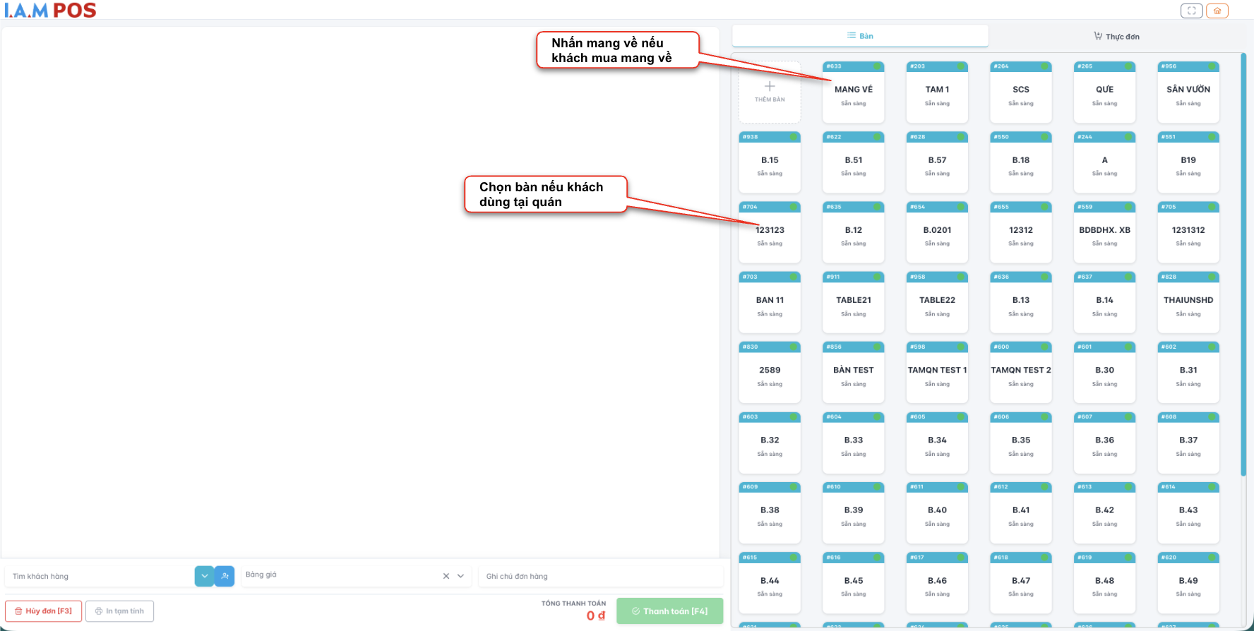 Màn hình thao tác chọn hình thức phục vụ