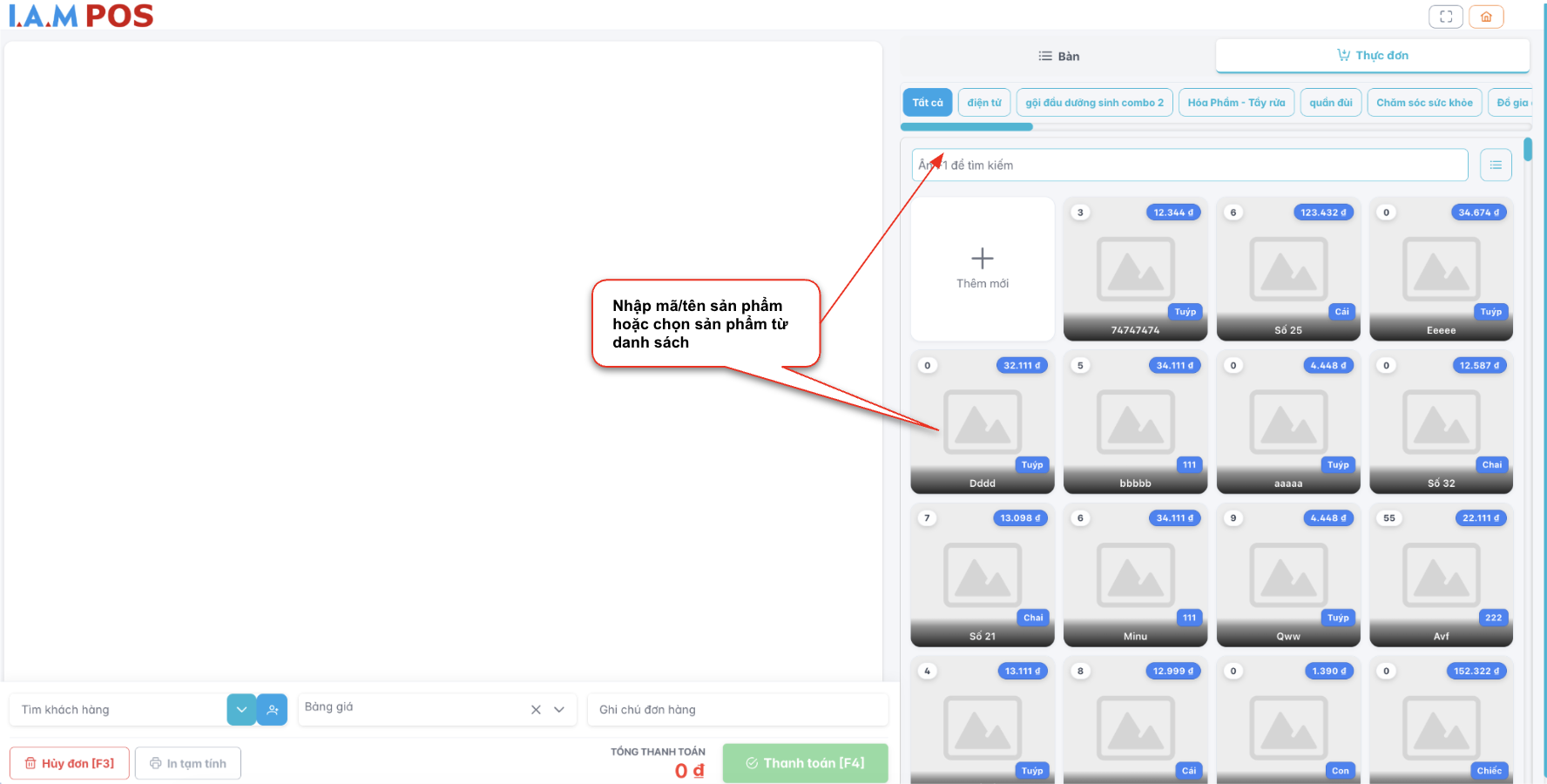 Màn hình thao tác thêm sản phẩm vào đơn hàng