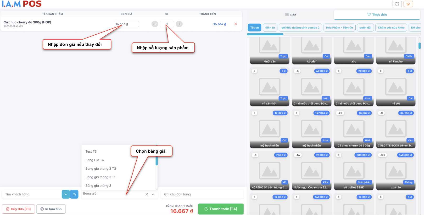 Màn hình thao tác chỉnh sửa giá và số lượng sản phẩm