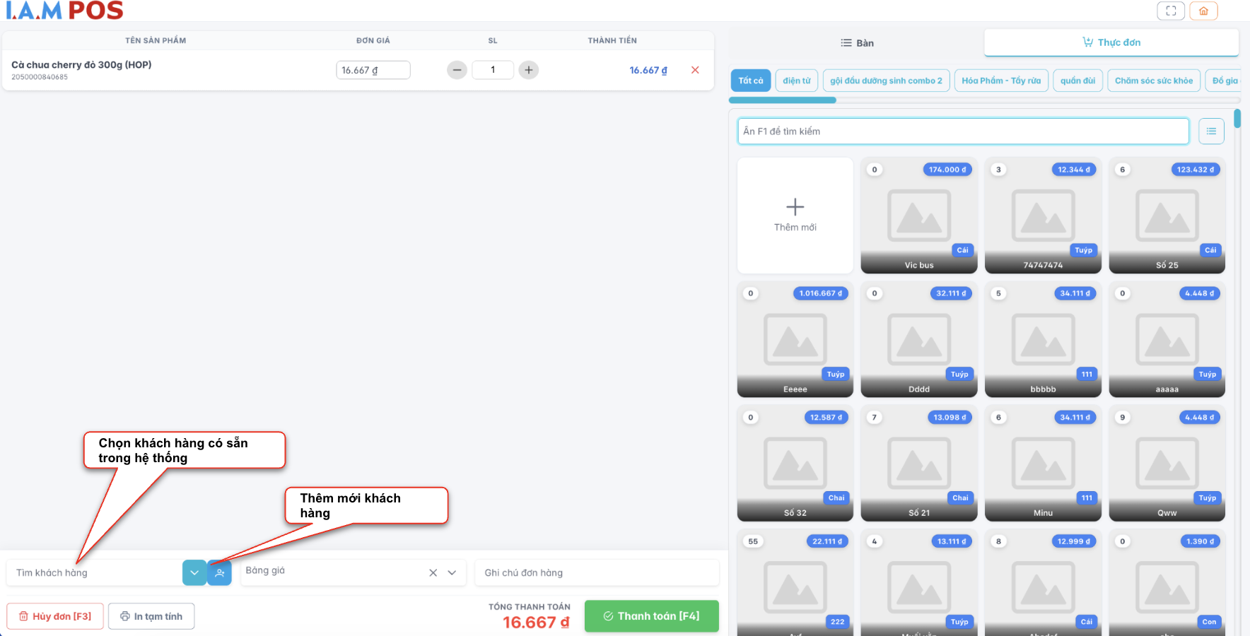 Màn hình thao tác chọn khách hàng cho đơn hàng