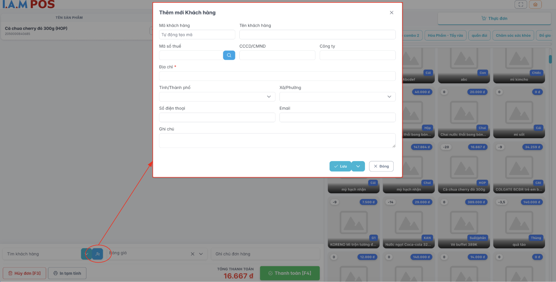 Màn hình thao tác thêm mới khách hàng