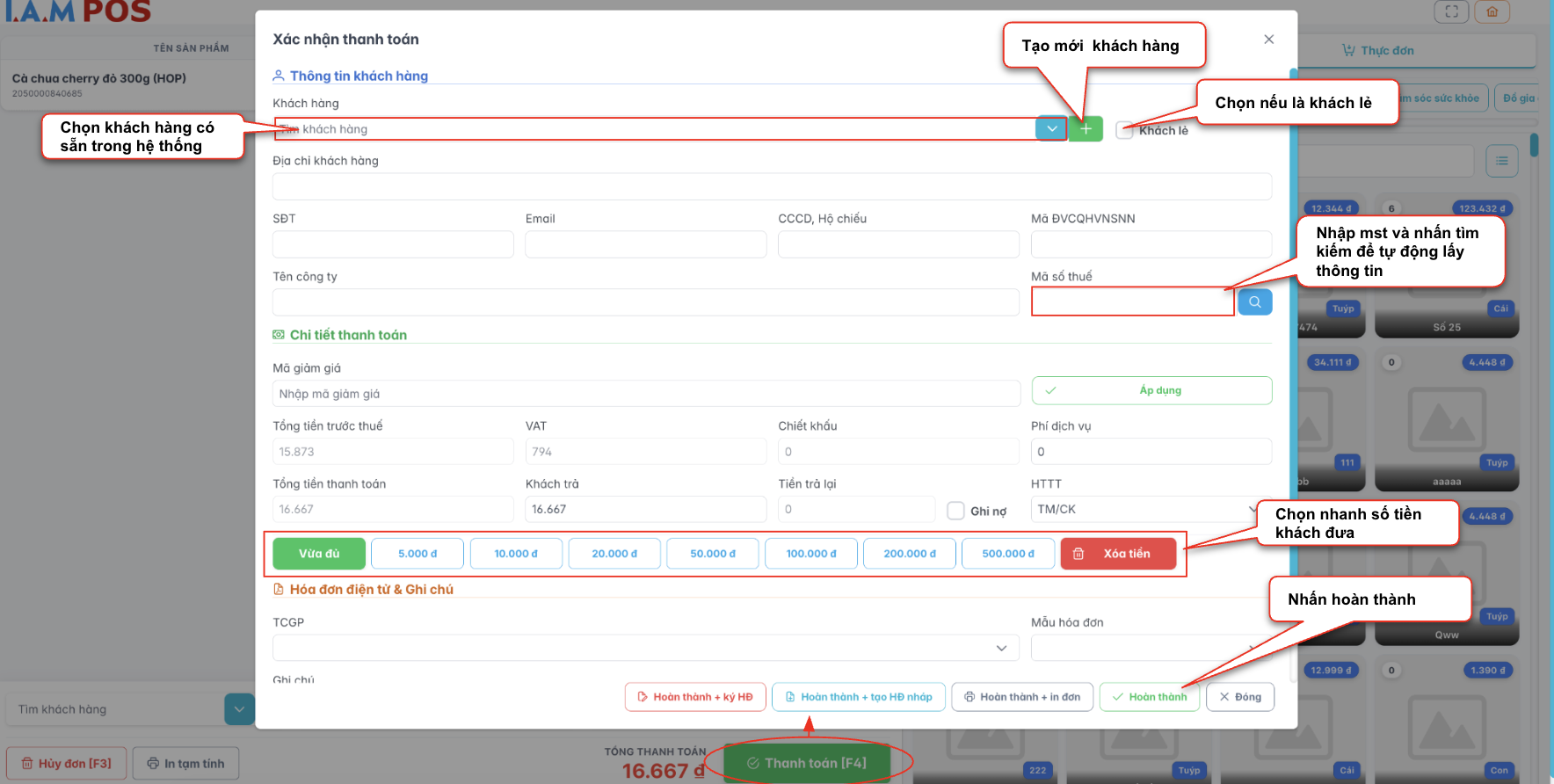 Màn hình thao tác xác nhận thanh toán