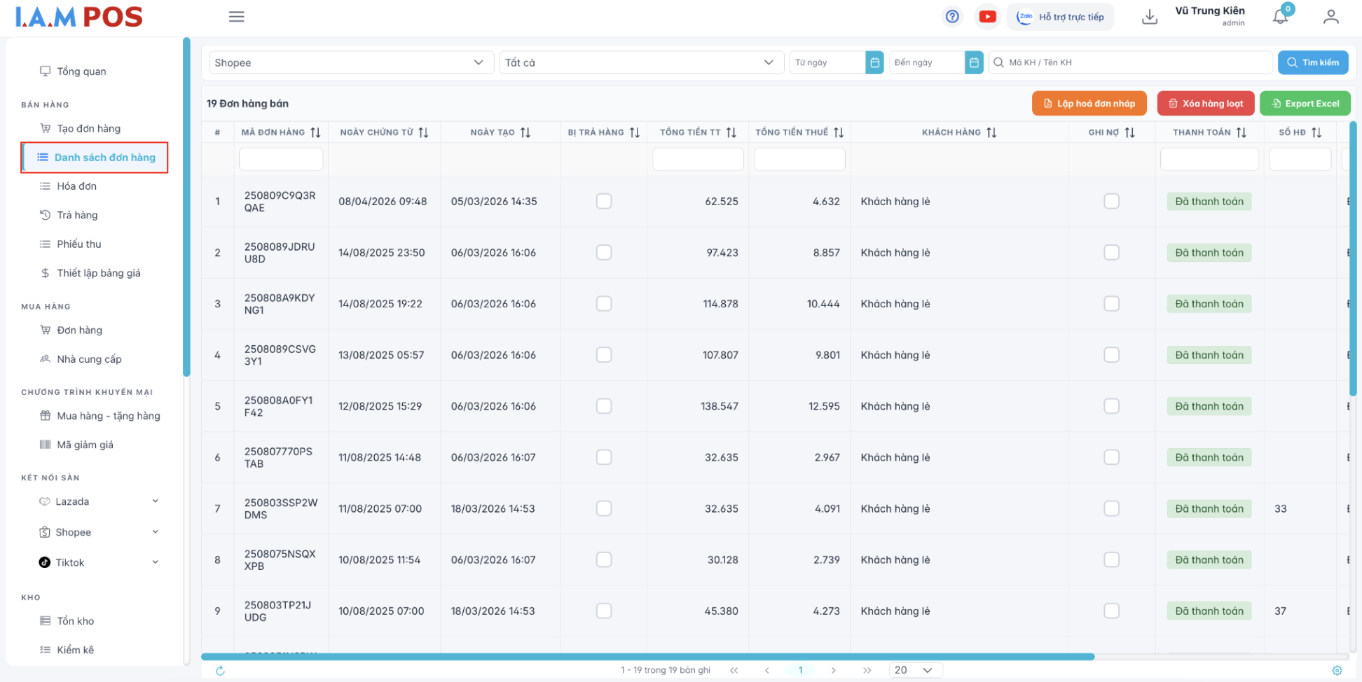 Màn hình danh sách đơn hàng