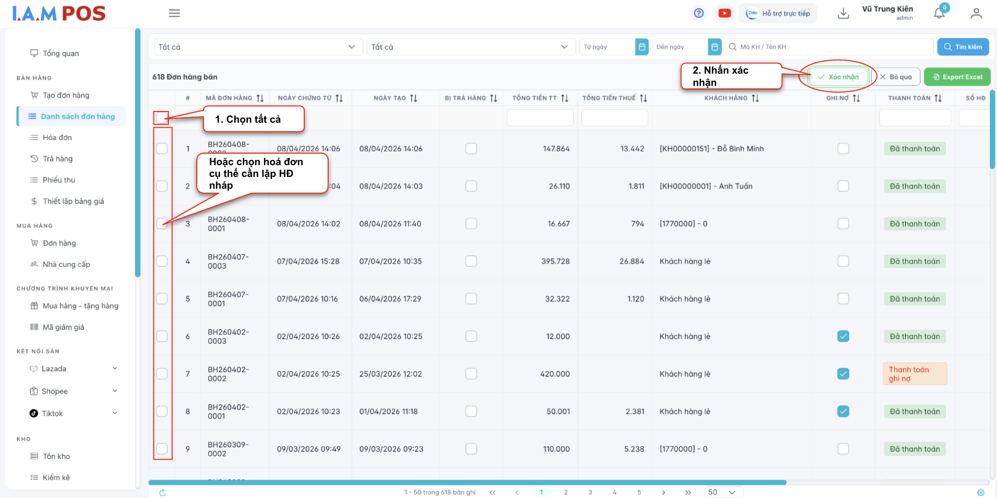 Màn hình thao tác lập hoá đơn nháp