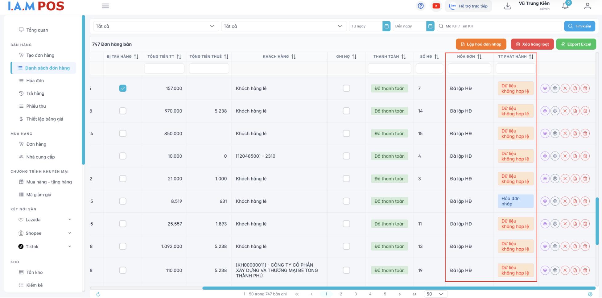 Màn hình trạng thái lập hoá đơn nháp