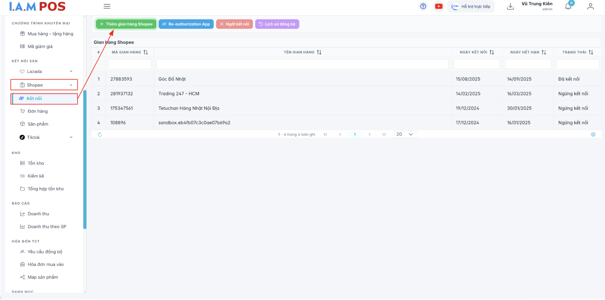 Màn hình thao tác thêm gian hàng Shopee