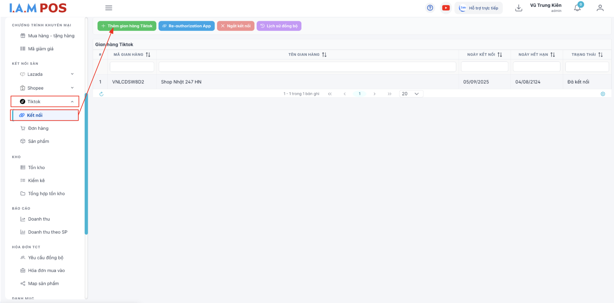 Màn hình thao tác thêm gian hàng TikTok
