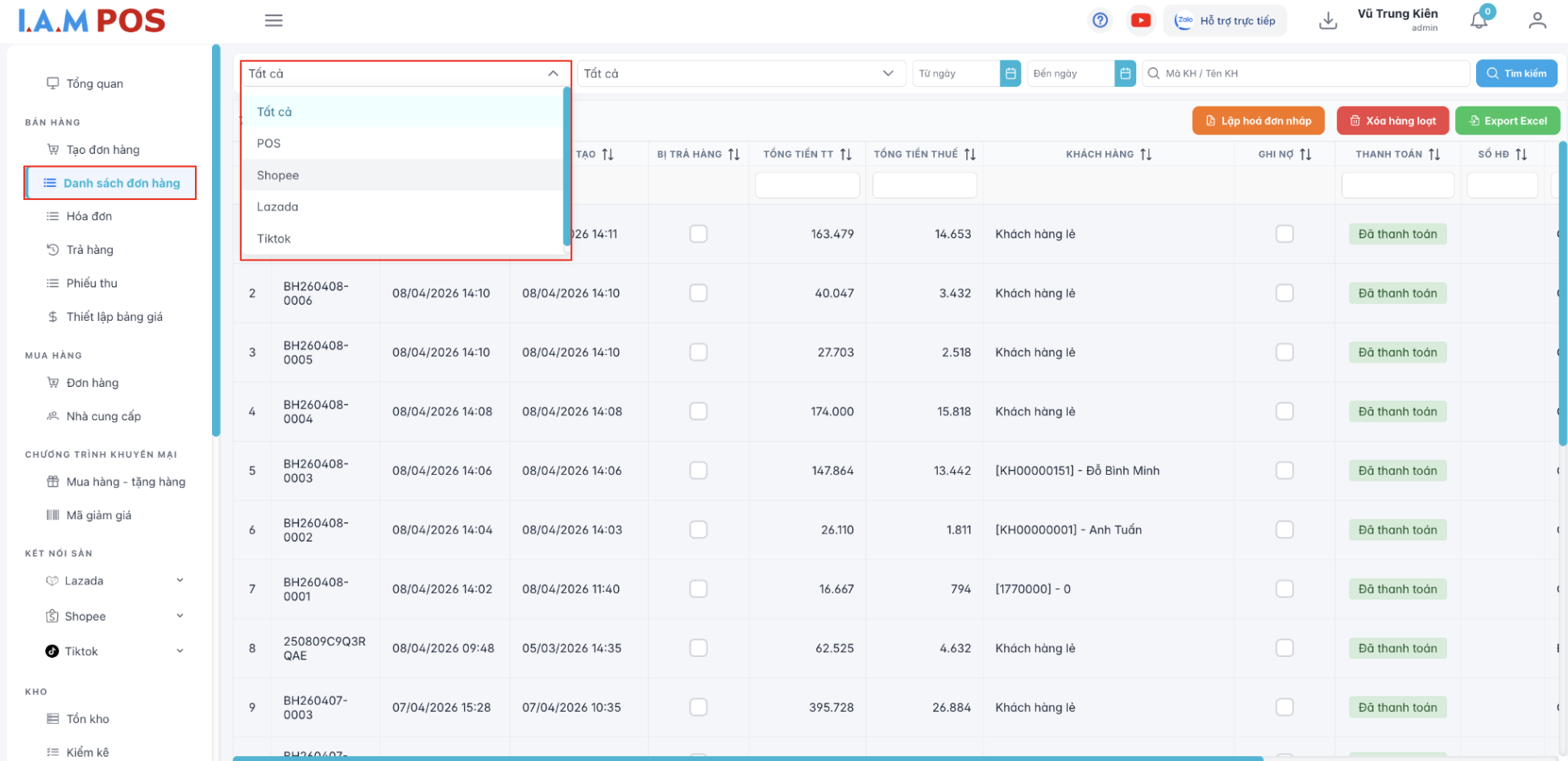 Màn hình danh sách đơn hàng bán