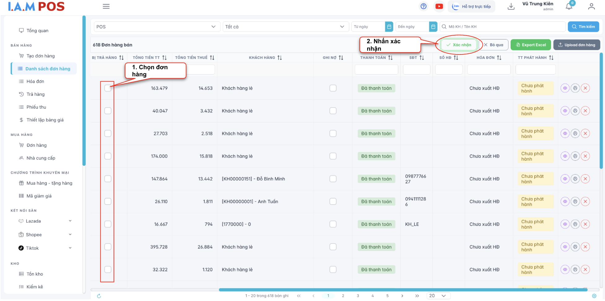Màn hình chọn đơn hàng lập hoá đơn