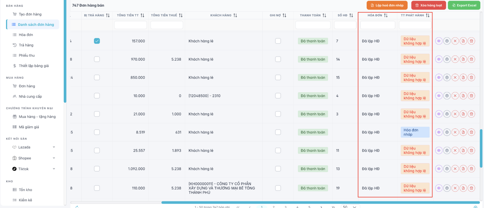 Màn hình trạng thái hoá đơn