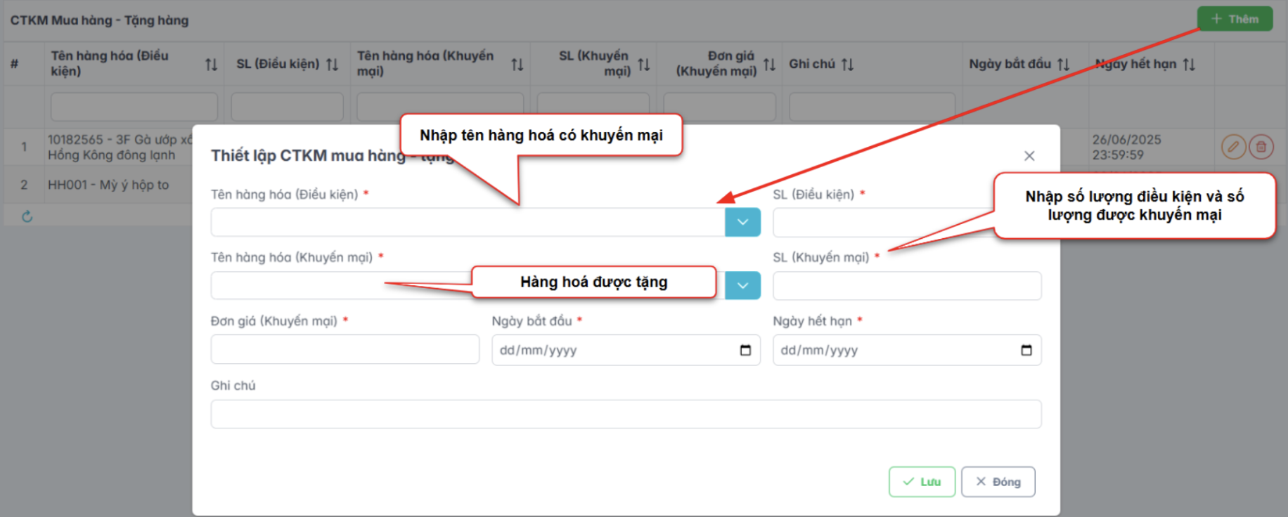 Màn hình thiết lập chương trình khuyến mại
