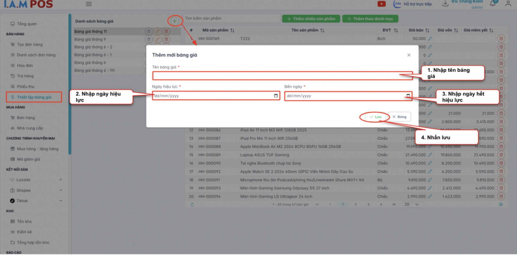 Màn hình thao tác thêm mới bảng giá