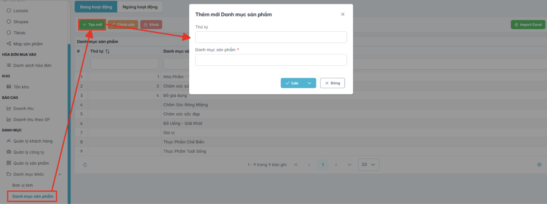 Màn hình thêm mới danh mục sản phẩm