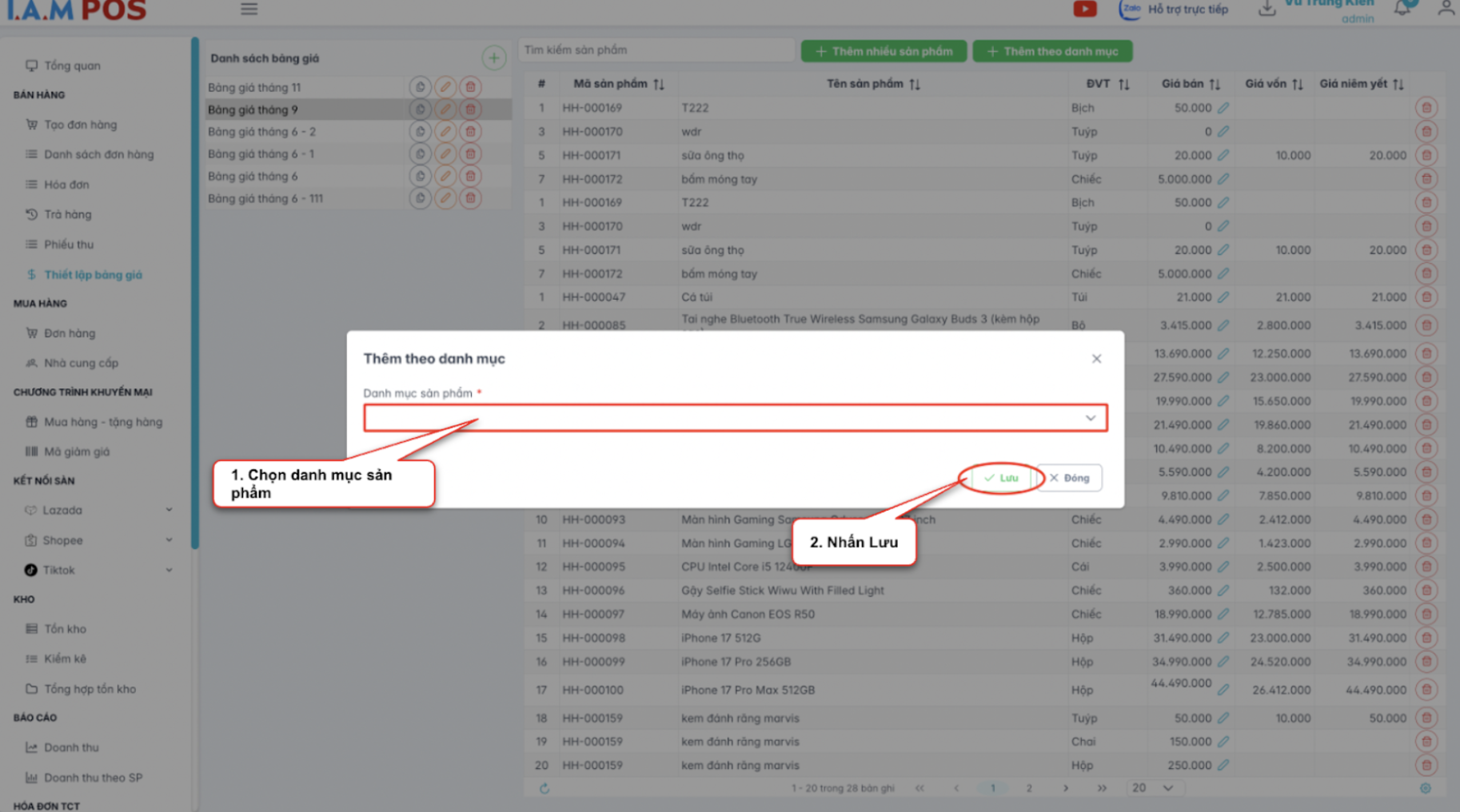Màn hình thao tác thêm danh mục sản phẩm