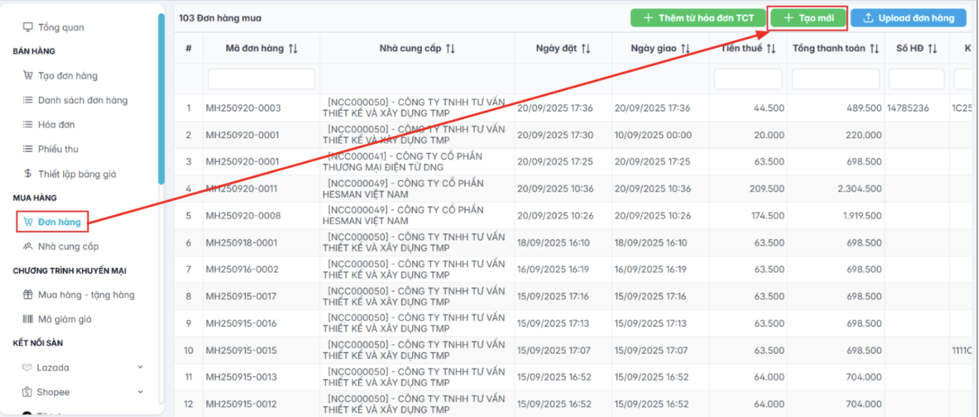 Màn hình tạo đơn hàng mua