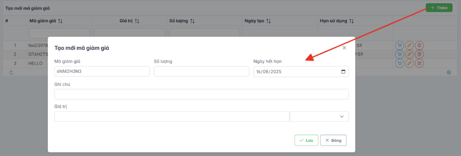 Màn hình thao tác tạo mã giảm giá