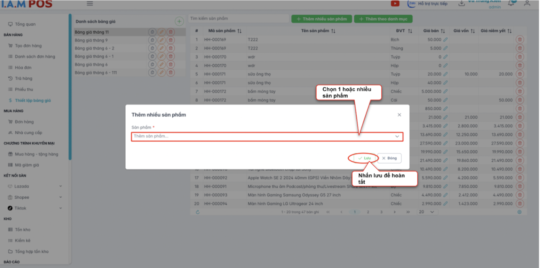Màn hình thao tác thêm nhiều sản phẩm