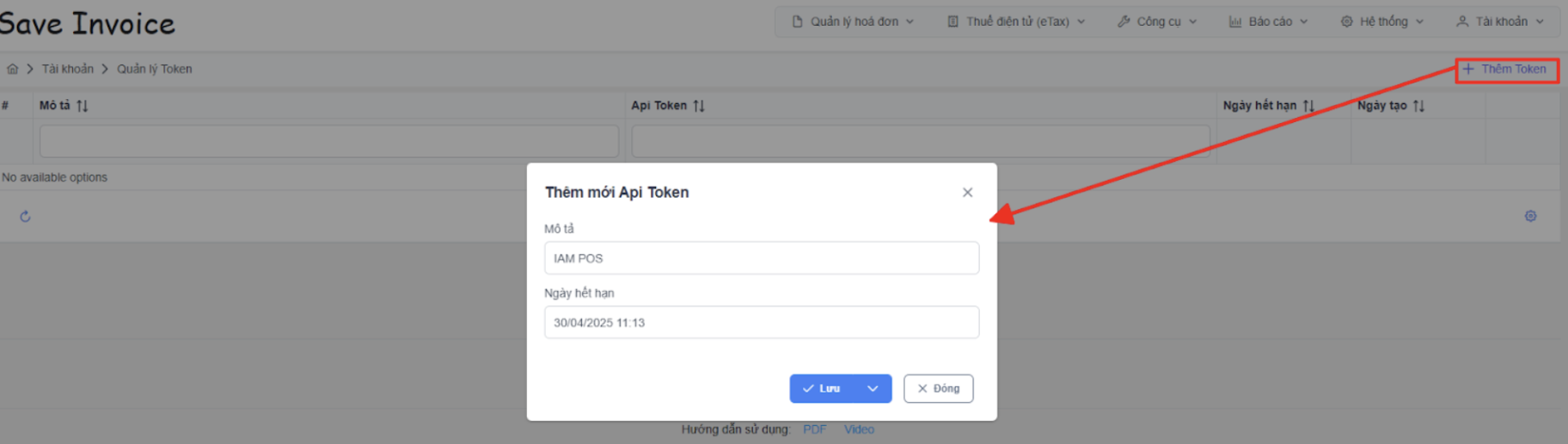 Màn hình thêm mới API Token