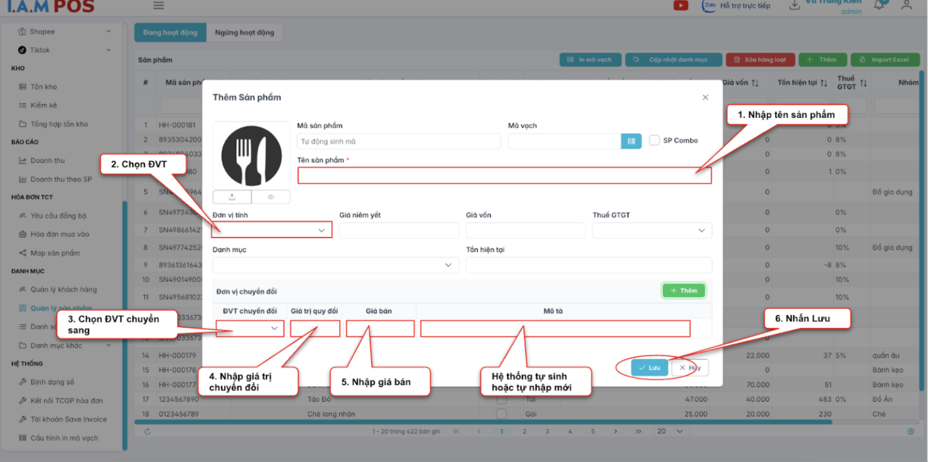 Màn hình tạo đơn vị chuyển đổi sản phẩm