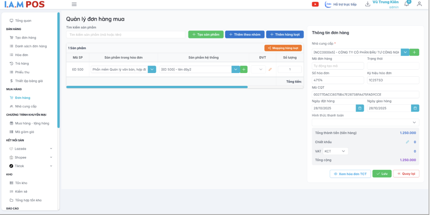 Màn hình thông tin chi tiết đơn hàng từ hóa đơn TCT
