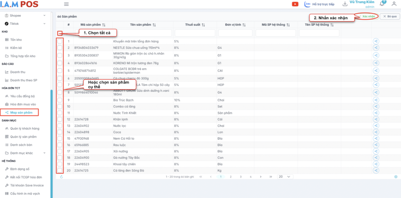 Màn hình chọn sản phẩm cần map
