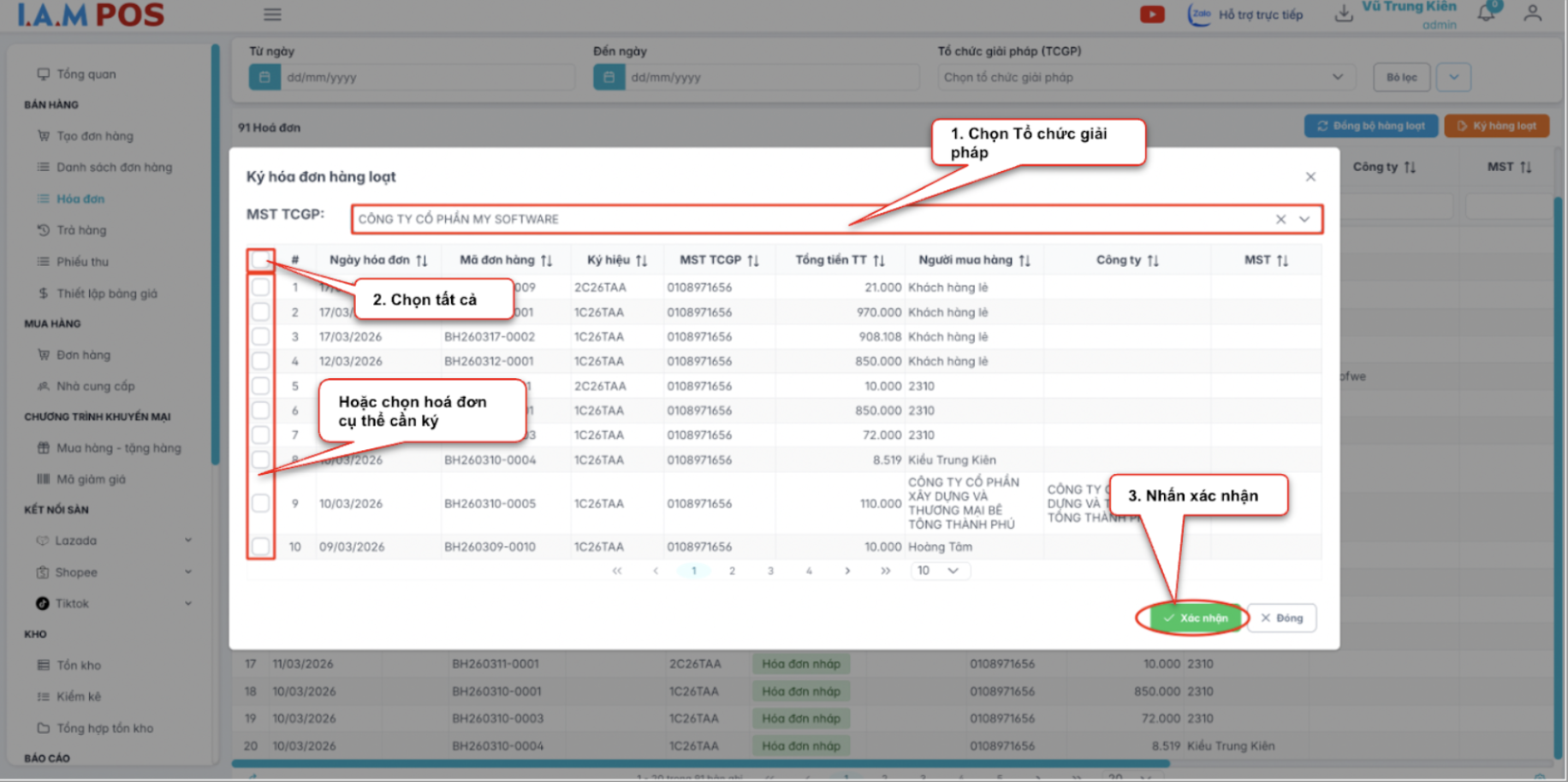 Màn hình thao tác chọn hoá đơn ký hàng loạt