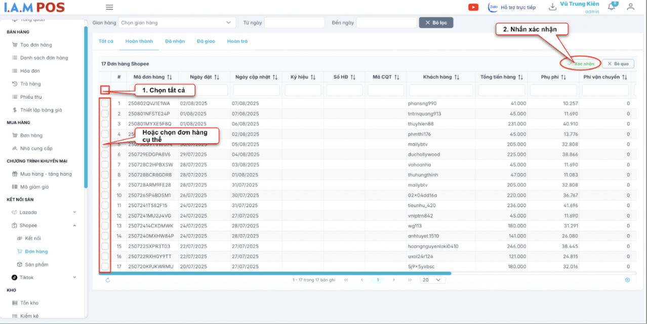 Màn hình thao tác chọn đơn hàng