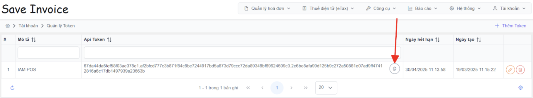 Màn hình sao chép API Token
