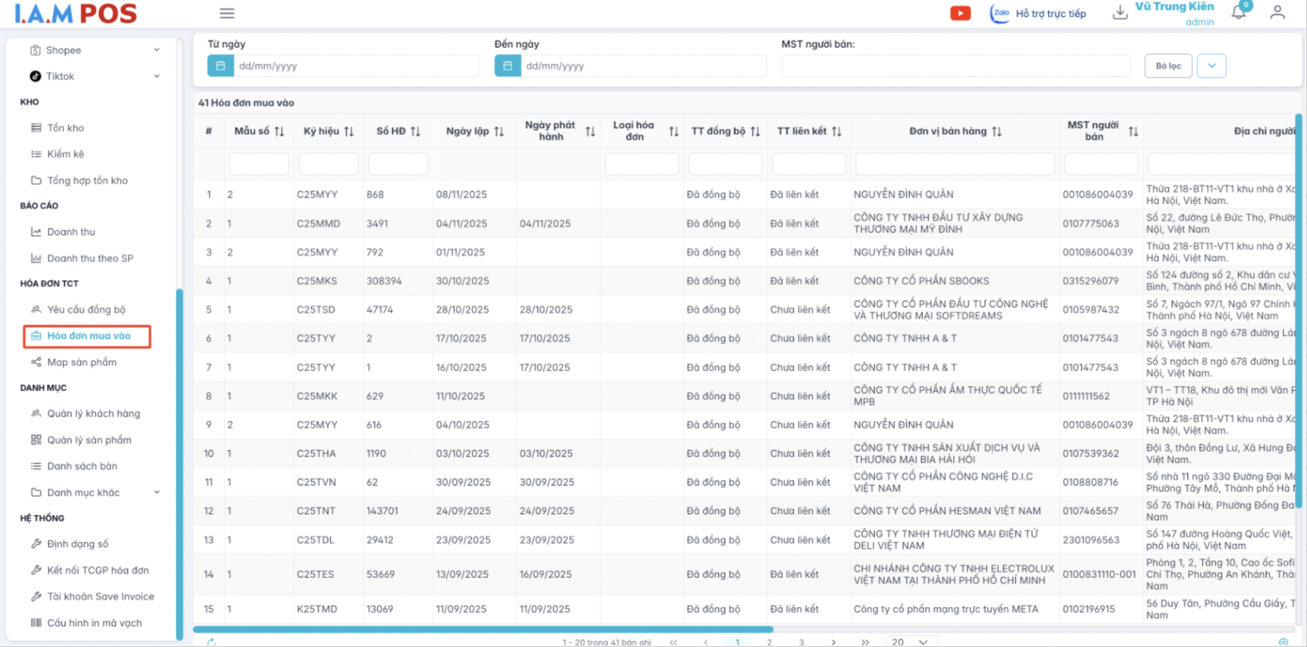 Màn hình danh sách hoá đơn mua vào