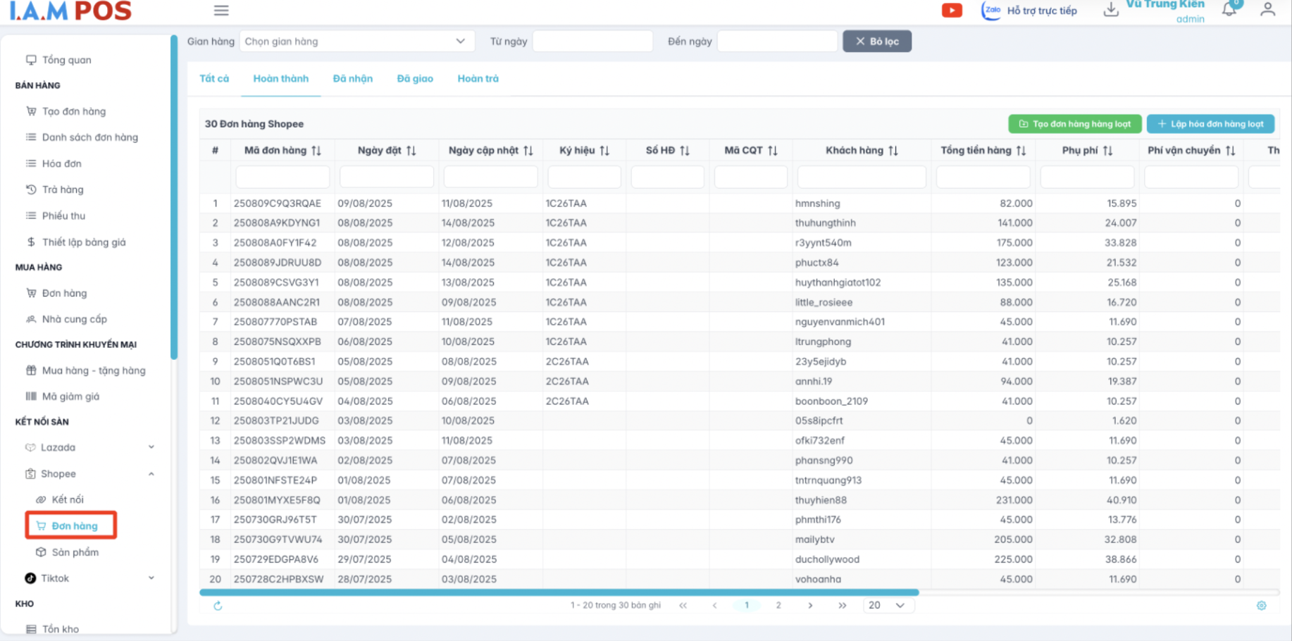 Màn hình danh sách đơn hàng