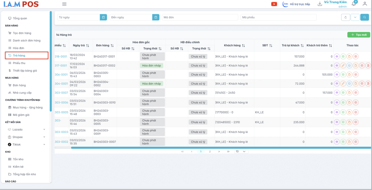 Màn hình danh sách đơn hàng trả