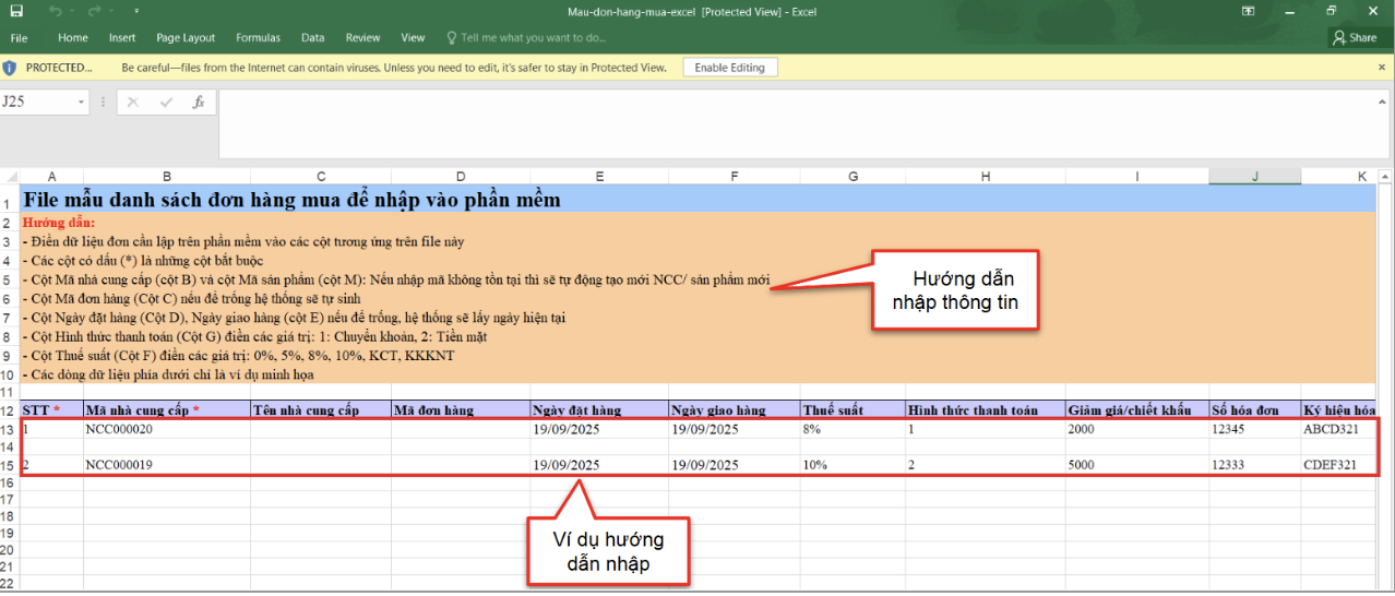 Màn hình dữ liệu trong file excel tải về