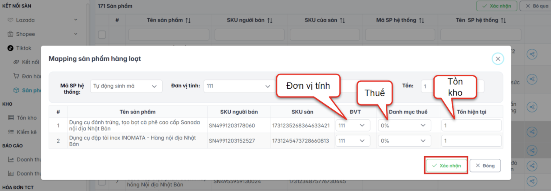 Màn hình chi tiết mapping sản phẩm hàng loạt