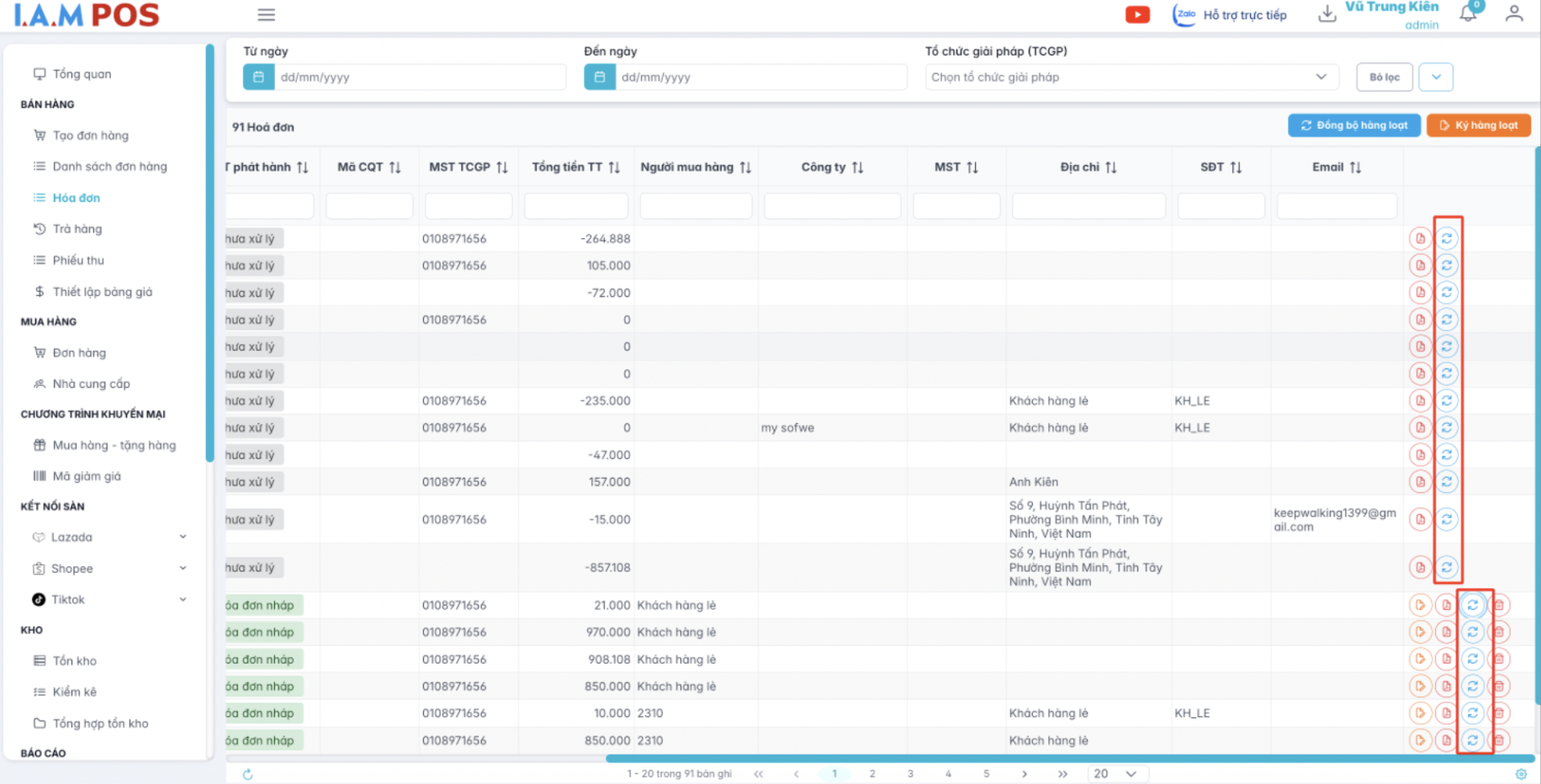 Màn hình thao tác đồng bộ hoá đơn cụ thể
