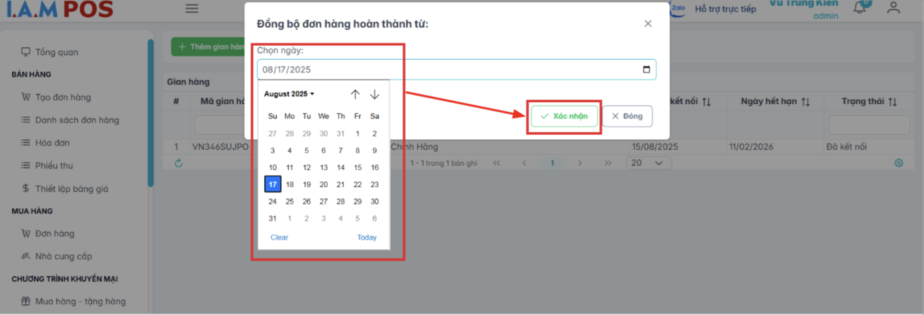 Màn hình thao tác đồng bộ đơn hàng